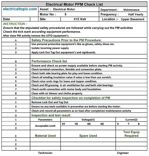 Electrical motor preventive maintenance: checklist of activity procedure.