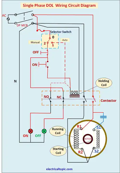 Single Phase DOL Starter: contorl and wiring Diagram Working principle.