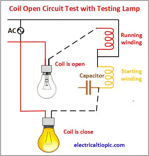 Single phase motor test with testing lamp: procedures and diagram.
