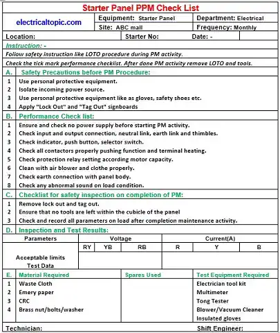 Motor starter preventive maintenace checklist and activity procedure.